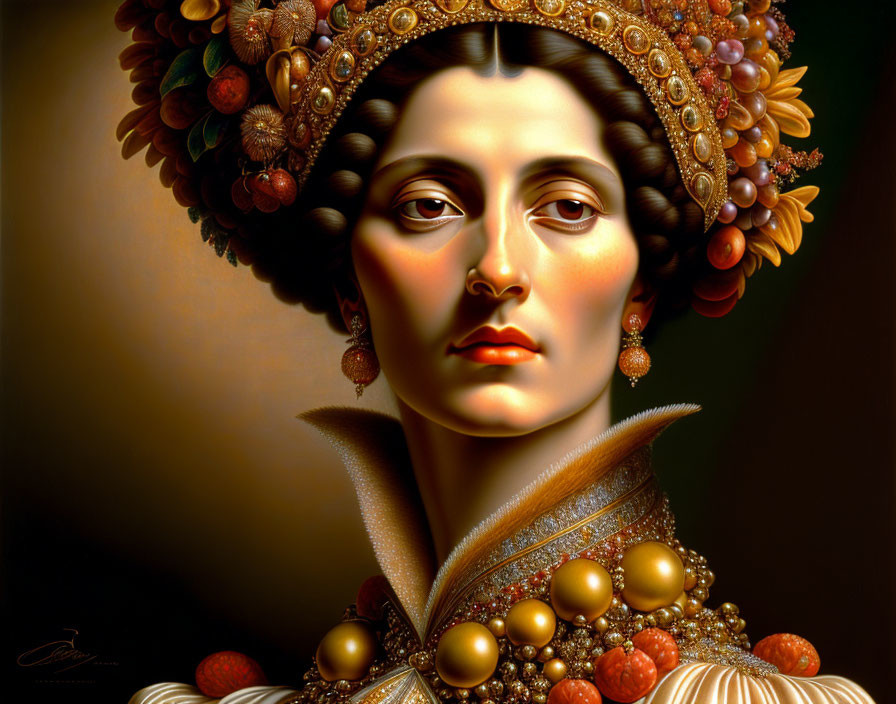 Digital artwork of a woman in Renaissance style with elaborate fruit and jewelry headdress.