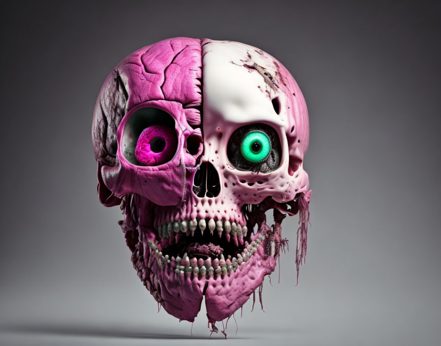 Colorful surreal skull with pink and white halves and vibrant eyes on grey background