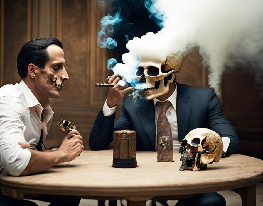 Surreal painting of two people in suits at a table with skull-faced figure smoking a cigar.