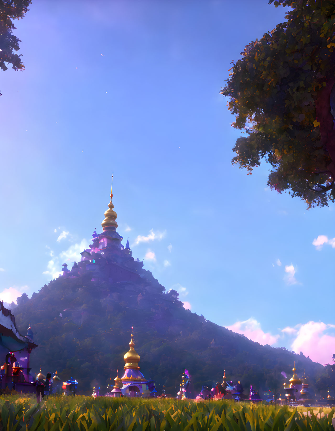 Majestic temple on lush mountain at sunset with scattered petals