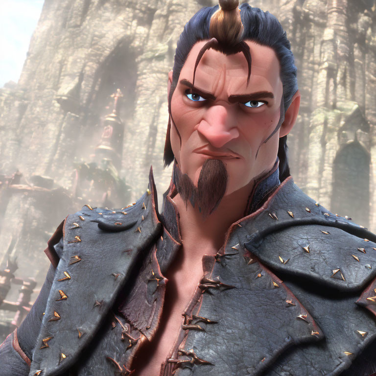 Detailed 3D-animated male character with topknot and goatee in studded leather attire