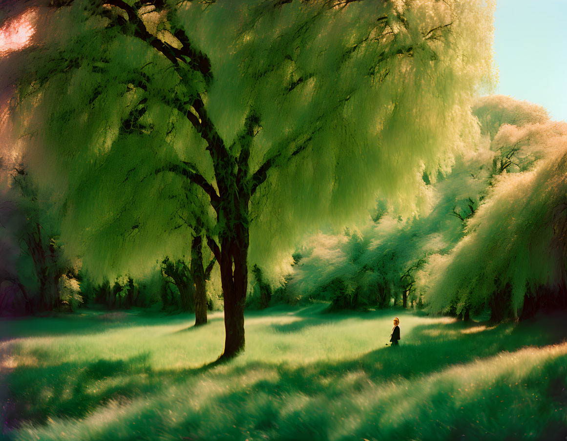 Person under large willow tree in lush green landscape