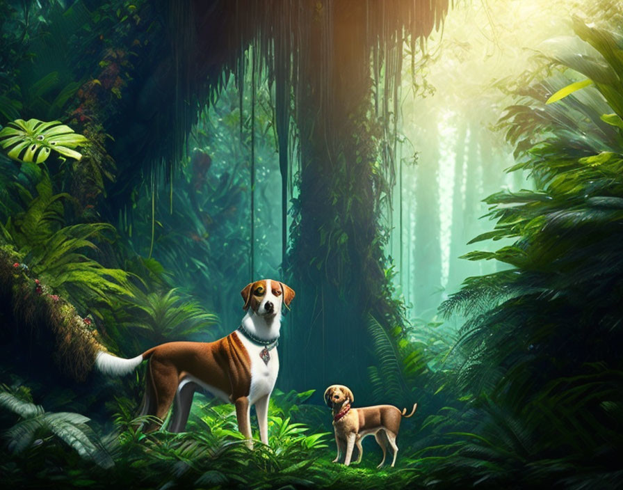 Vibrant forest scene with two dogs under sunlight