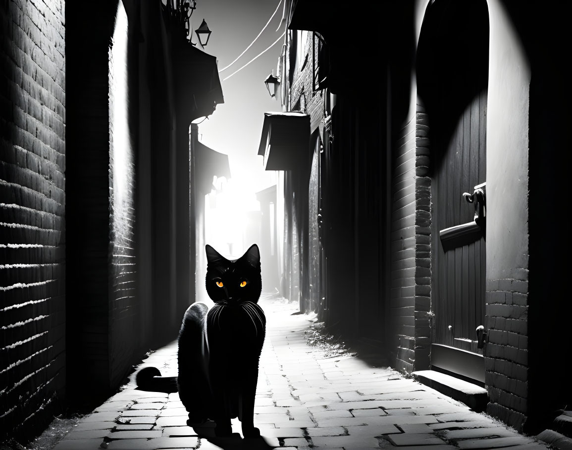 Black Cat with Glowing Eyes in Monochrome Alleyway