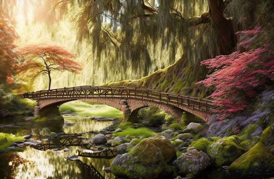 Tranquil garden scene with wooden bridge over stream amid lush pink and green foliage
