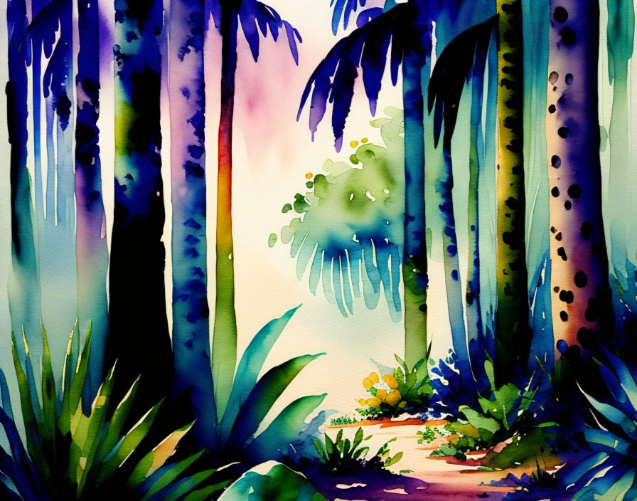 Colorful Watercolor Painting of Lush Tropical Forest