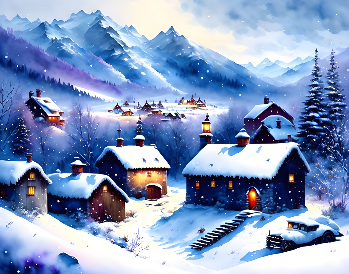 Snow-covered winter village scene with cottages, classic car, and mountain backdrop.