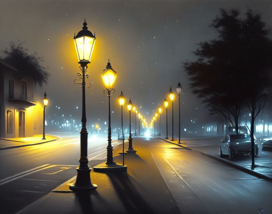 Tranquil night landscape with glowing streetlamps, starlit sky, and misty ambiance