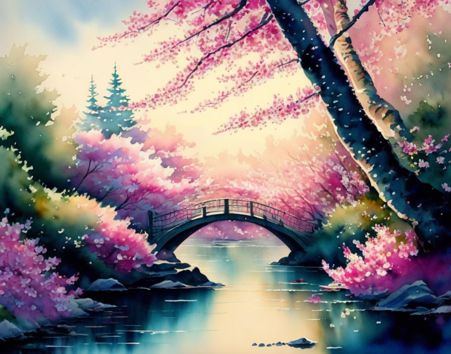 Tranquil river scene with cherry blossoms and stone bridge at dawn or dusk