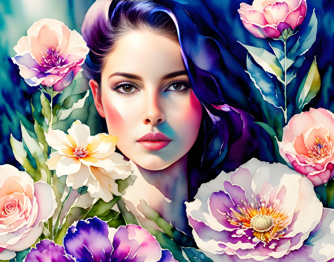 Digital Artwork: Woman's Portrait Blended with Vibrant Flowers