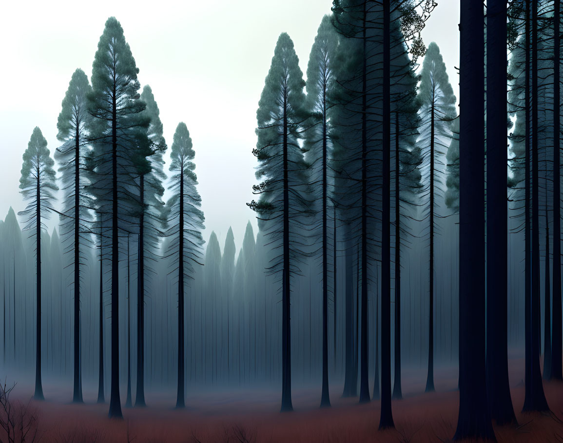 Tranquil forest landscape with misty blue sky and tall trees