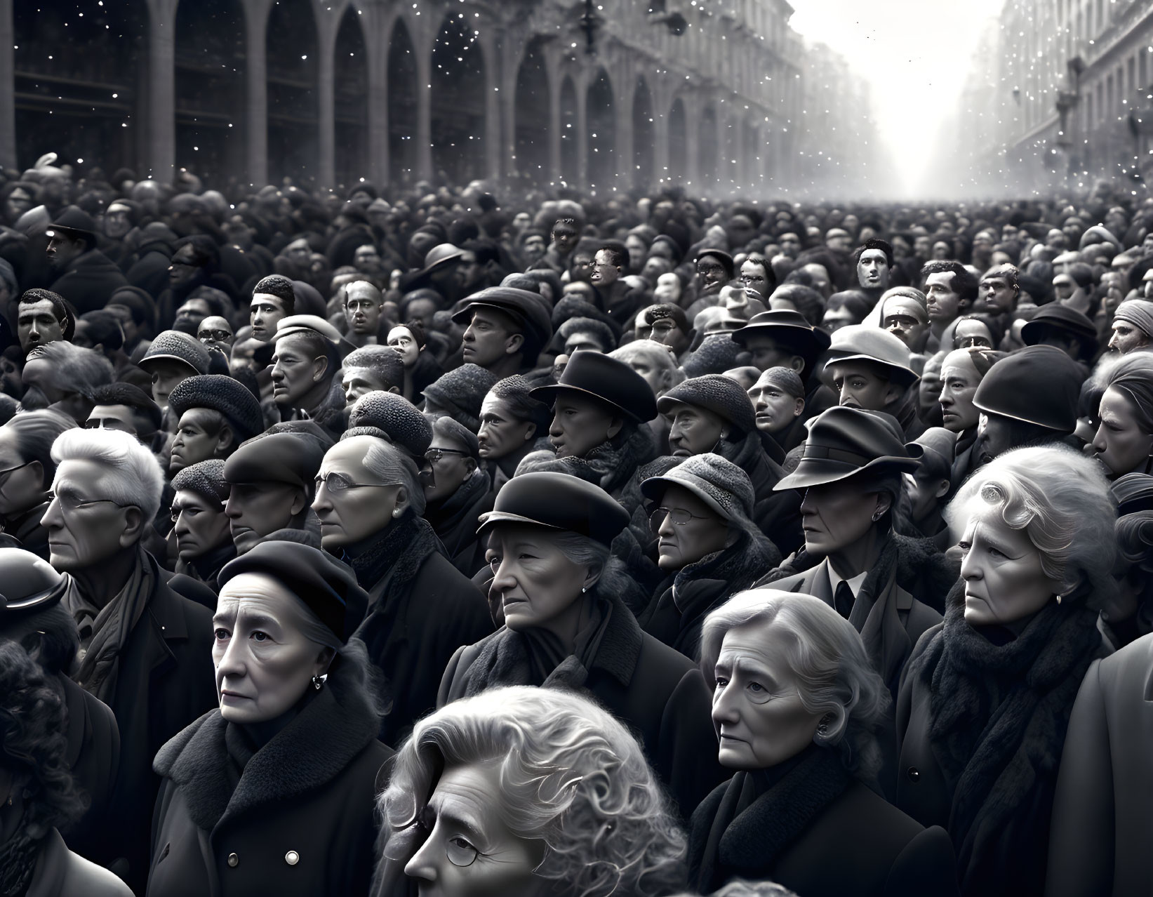 Monochrome image: Dense crowd with varied expressions and backlight.