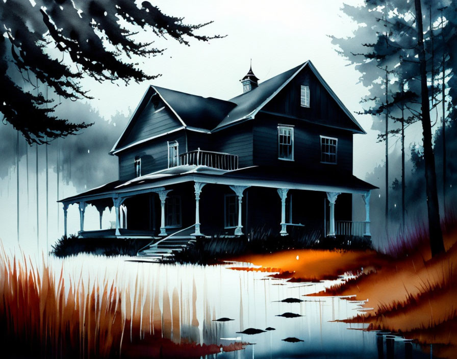 Dark and eerie two-story house with porch in misty landscape