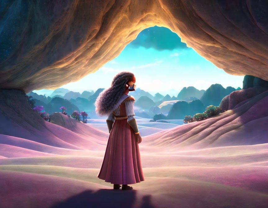 Curly-Haired Animated Character in Cave Overlooking Purple Landscape