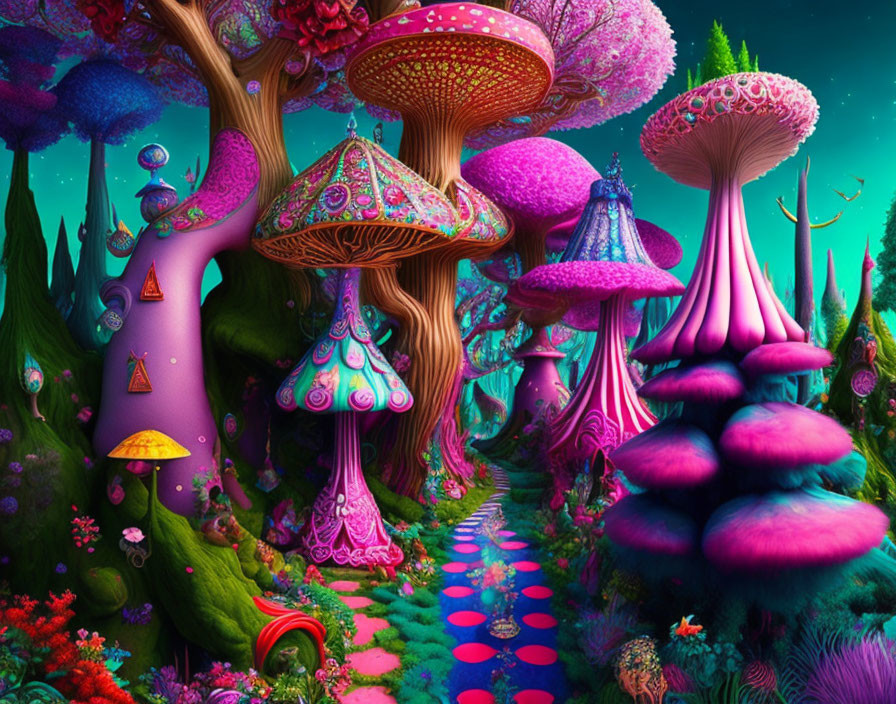 Colorful oversized mushrooms in pink, purple, and blue create a whimsical landscape