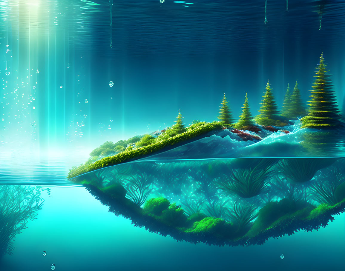 Floating Island Over Underwater Scene with Sunlit Trees and Mirrored Landscape