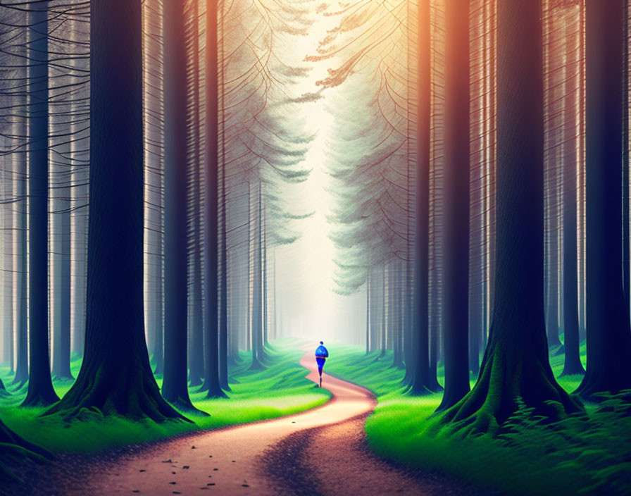 Sunlit Forest Path with Person in Blue Shirt