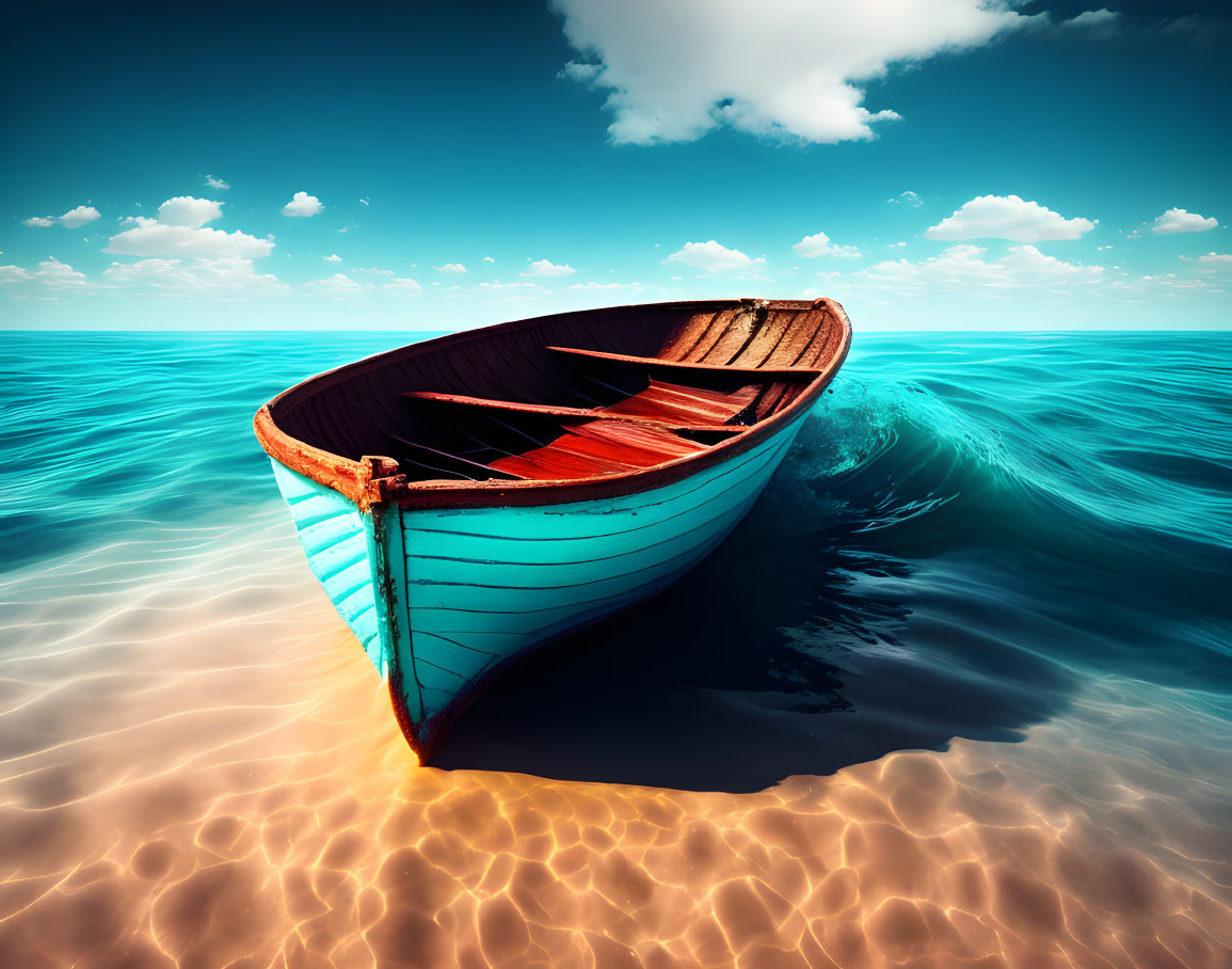 Blue Rowboat with Red Trim Floating on Shallow Water between Merging Waves