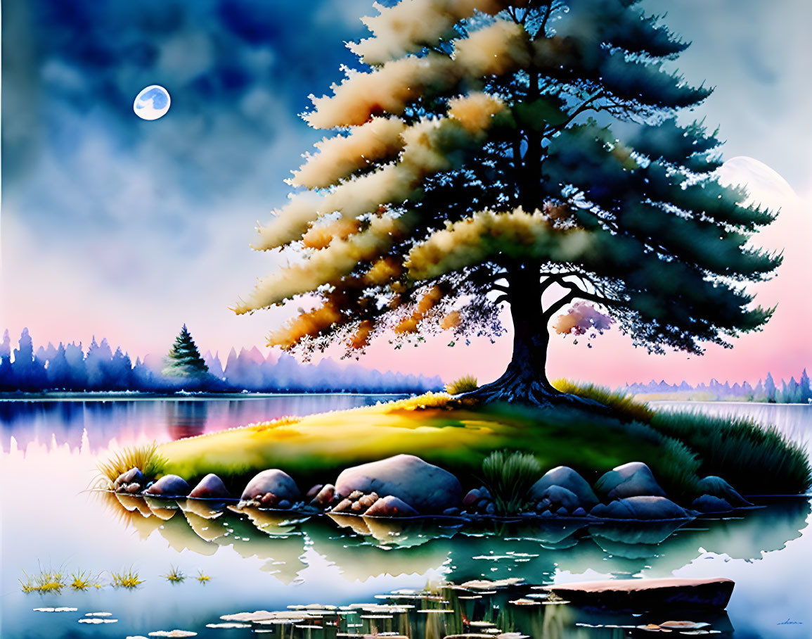 Tranquil lakeside scene with large tree, colorful foliage, smooth stones