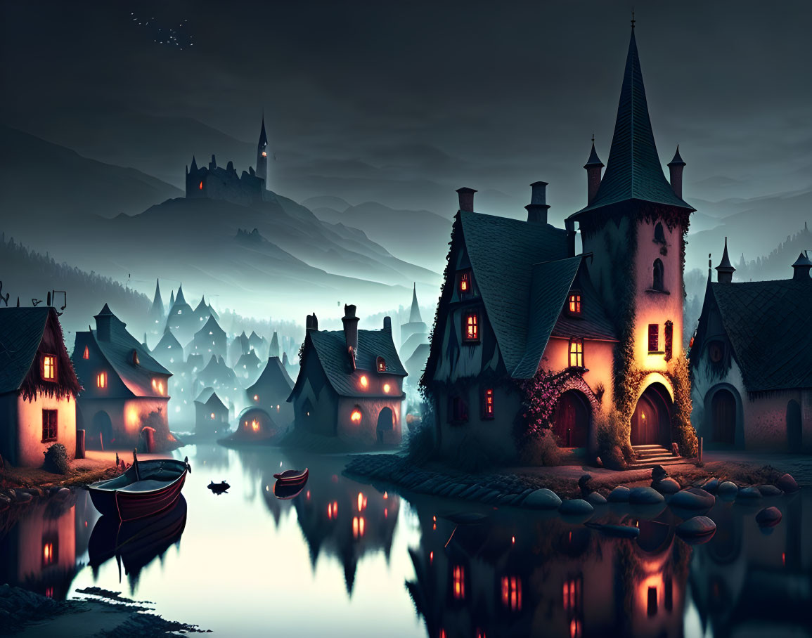 Tranquil village night scene with illuminated buildings by river and distant castle under starry sky