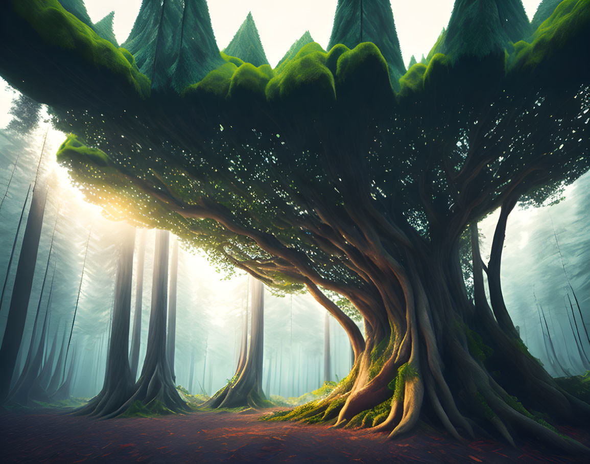 Mystical forest with towering trees and hazy light