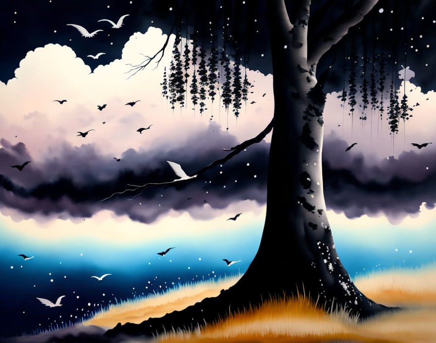 Surreal painting of tree silhouette with birds in transitioning sky