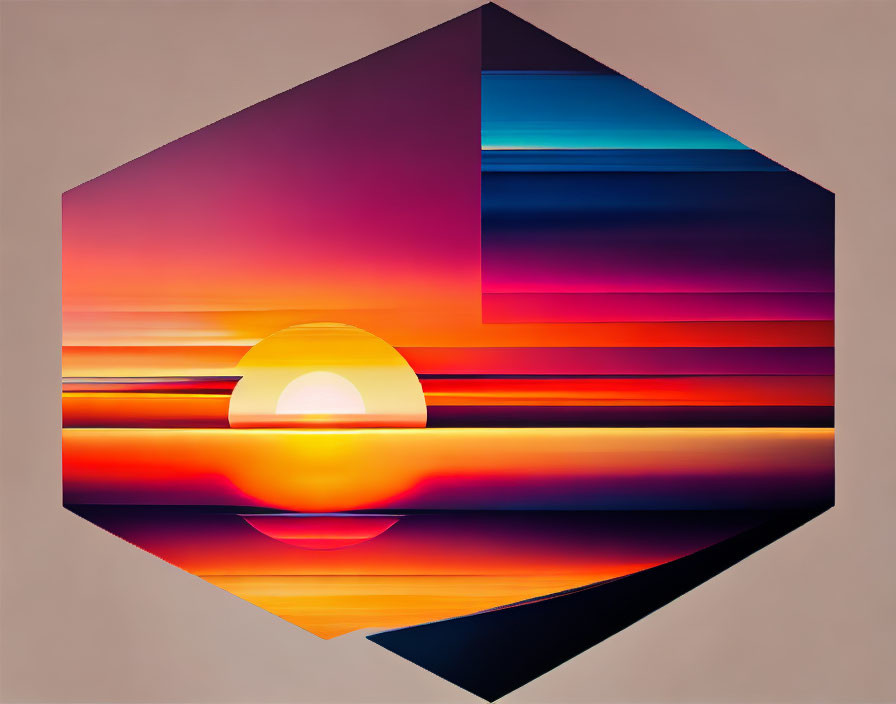 Colorful Hexagonal Sunset Artwork with Layered Stripes and Sun Reflection