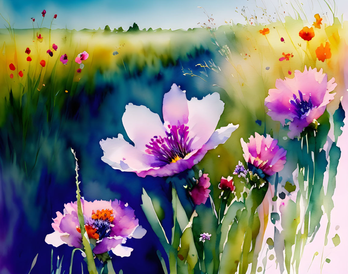 Vibrant Watercolor Painting of Pink Flower Meadow