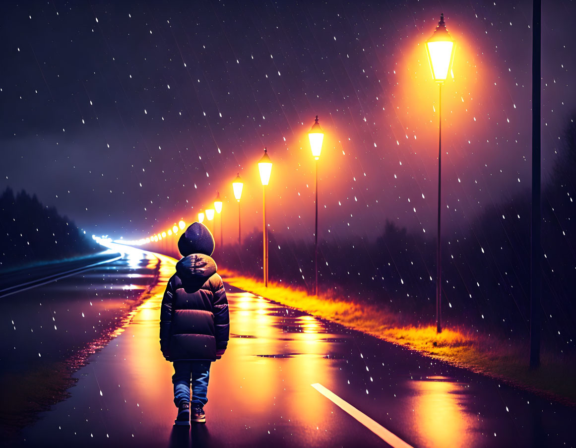 Person in warm jacket walking on wet road under glowing street lamps on starry night.