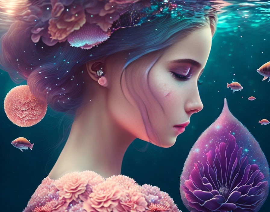 Woman's side profile surrounded by coral and fish in vibrant underwater scene with jellyfish-like glow