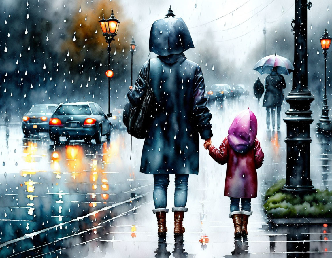 Adult and child walking in rain with umbrella on wet street.