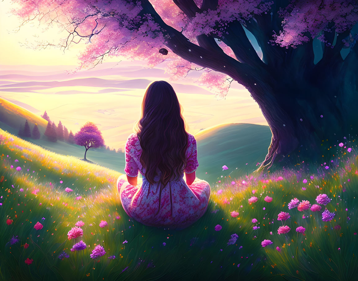 Woman sitting under cherry blossom tree with vibrant landscape and sunset sky