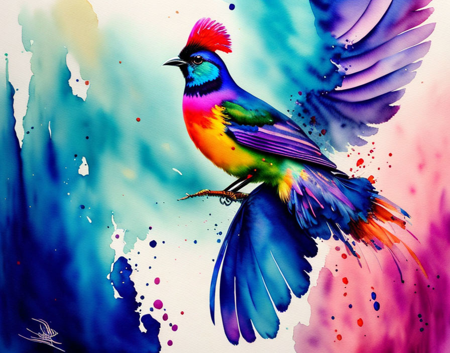 Colorful Bird Painting on Branch Against Watercolor Background