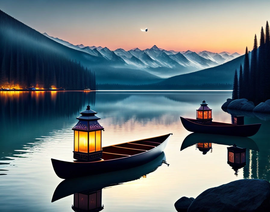 Twilight scene: lantern-lit canoes on serene lake with mountains and crescent moon.