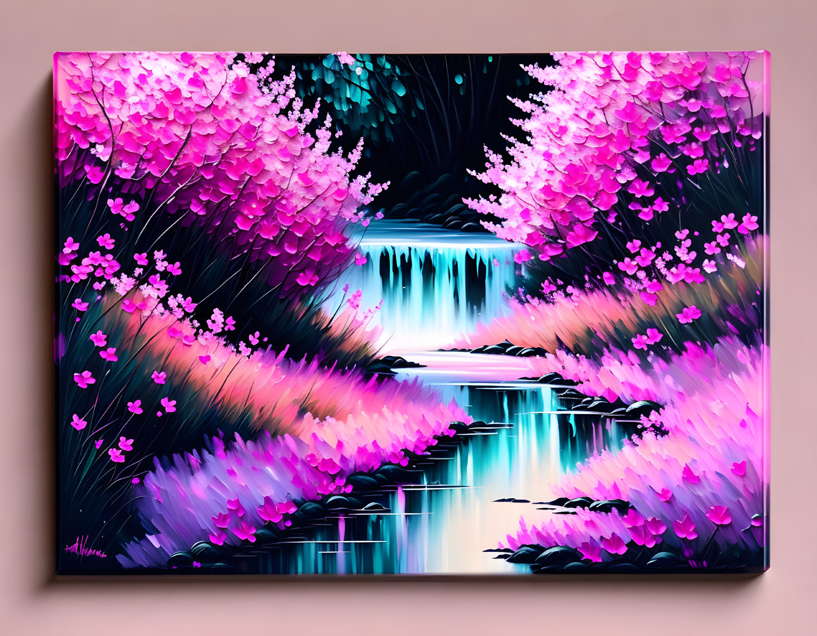 Colorful painting of mystical waterfall with pink cherry blossoms, purple foliage, and blue waters under enchanted