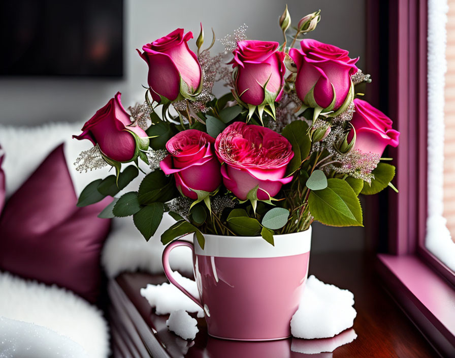 Pink roses and greenery in pink cup by window with purple cushion