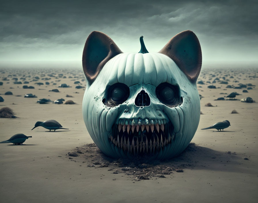 Oversized skull-faced pumpkin on desolate beach with birds