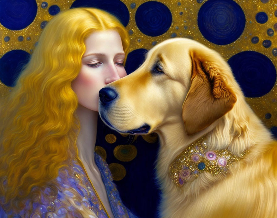 Blonde Woman and Golden Retriever with Blue and Gold Decorations