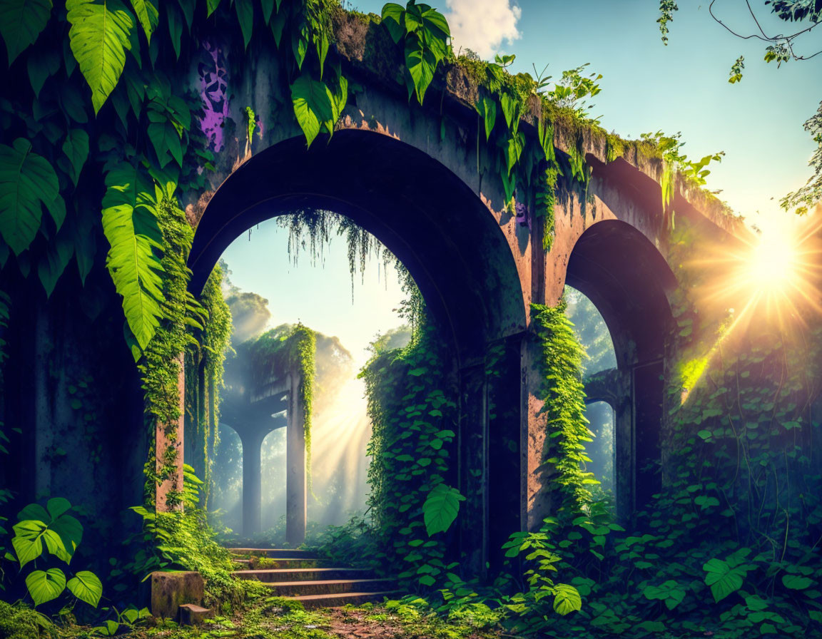 Sunlight filtering through overgrown archway in lush forest