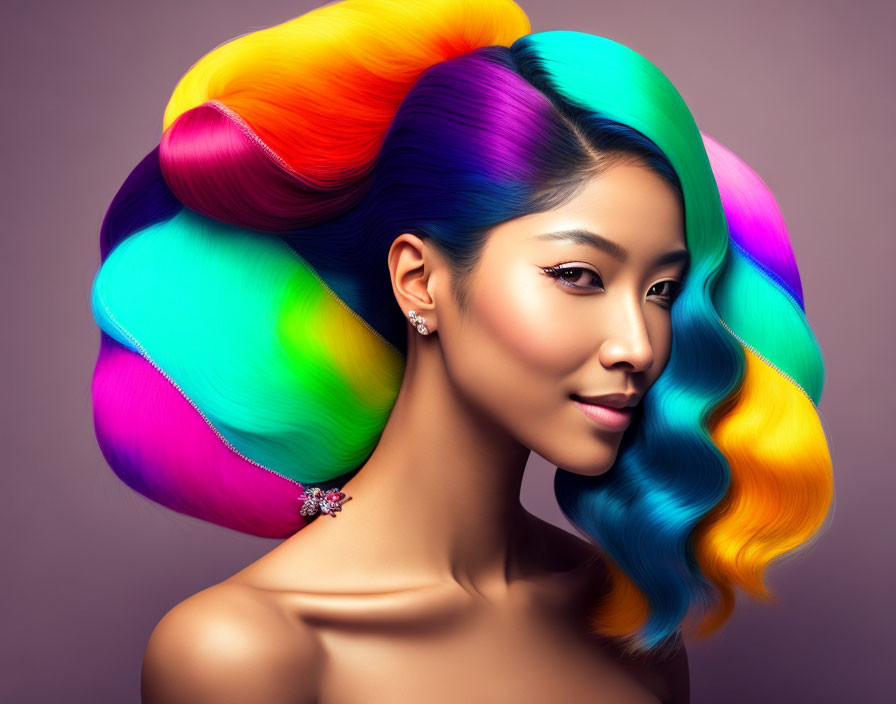 Vibrant multicolored hair styled in waves against purple background
