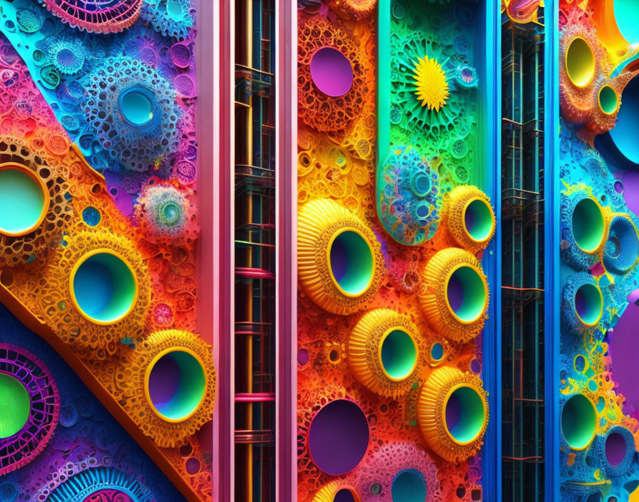 Colorful interconnected gears and mechanical components in vibrant digital artwork