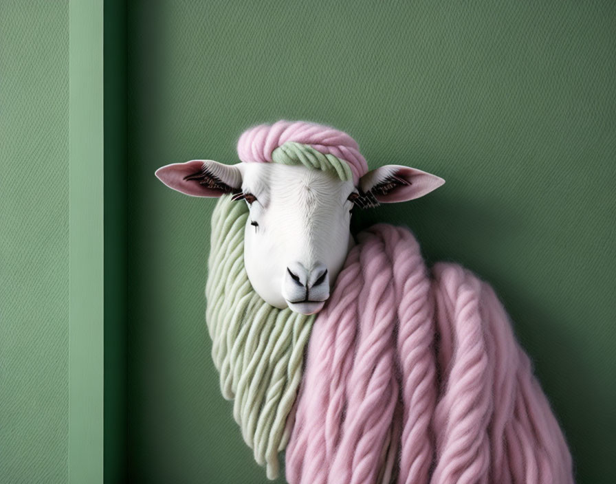 Fluffy sheep with green and pink wool on cozy green background