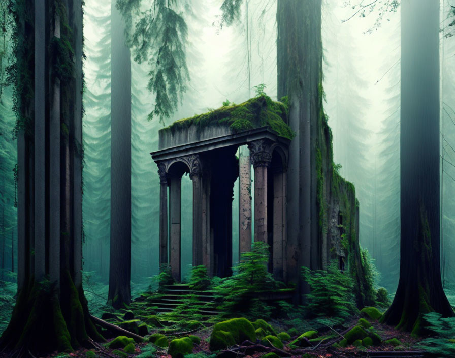 Moss-Covered Ancient Ruin in Dense Forest