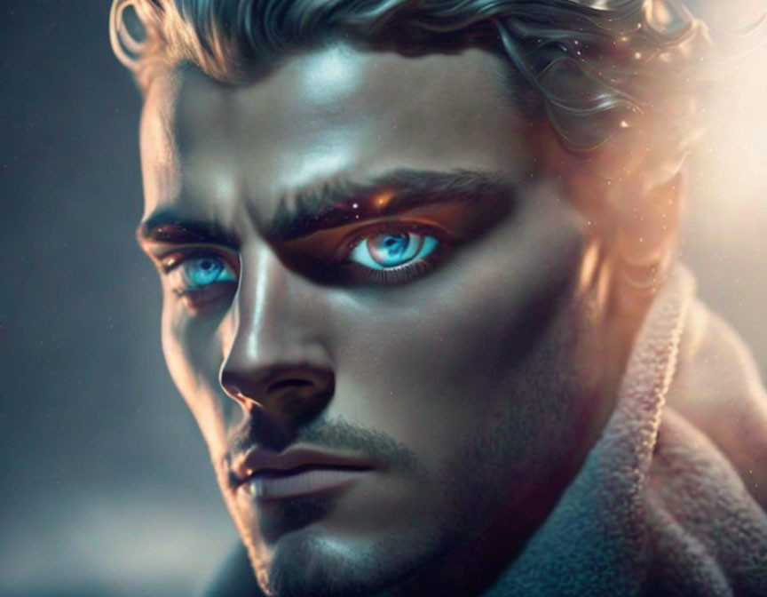 Striking digital portrait of a man with blue eyes and fur coat