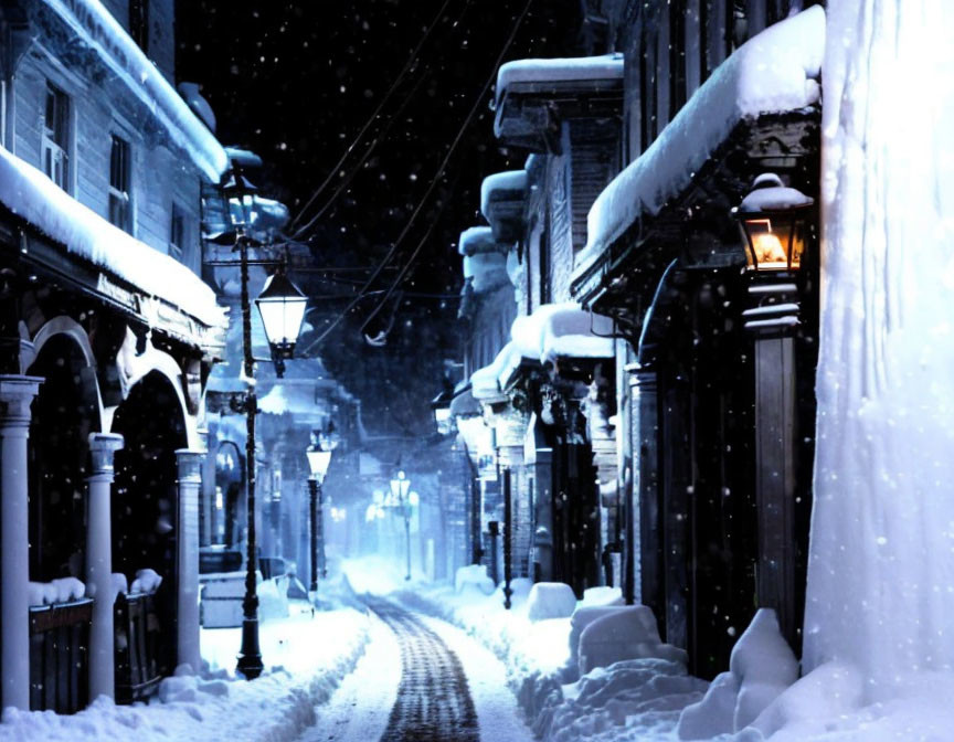 Snowy Night Scene: Old City Street with Warm Streetlamp Glow