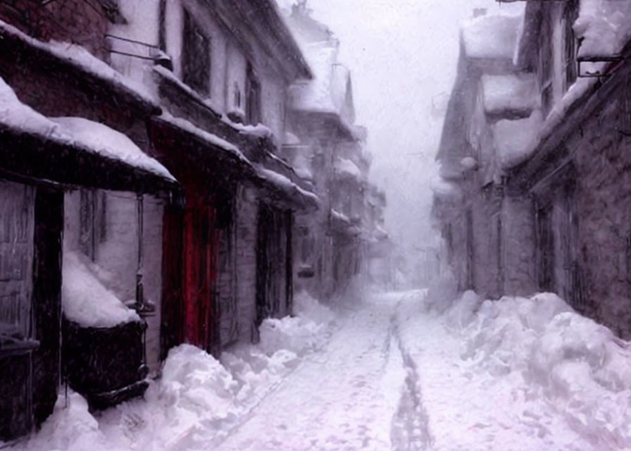 Snow-covered quaint town street during heavy snowfall