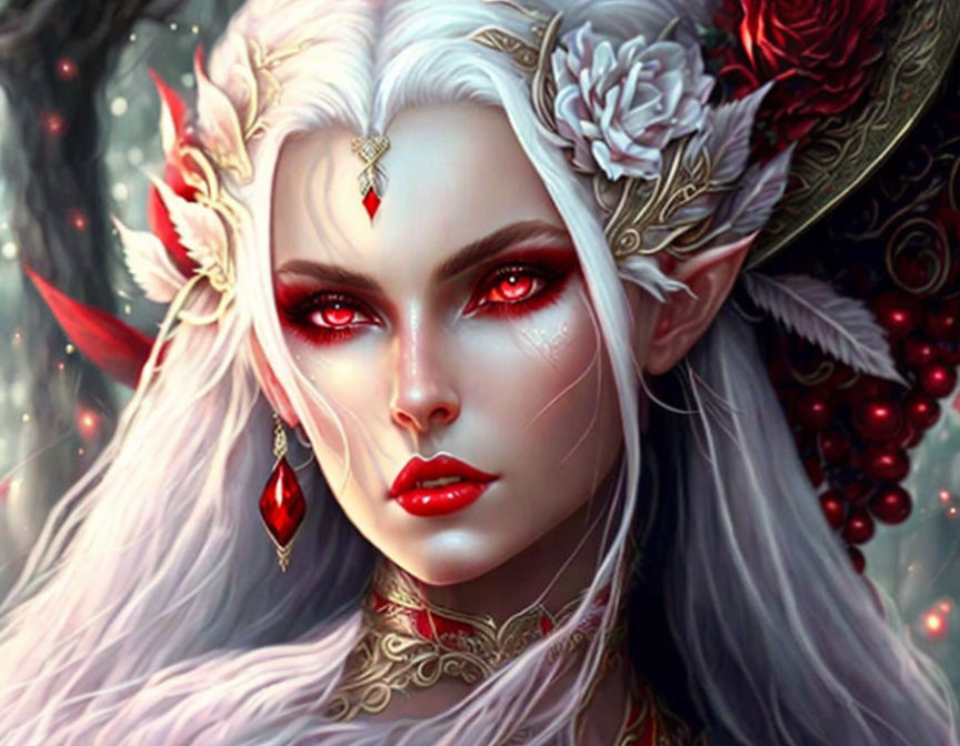 Fantasy elf with white hair, red eyes, and golden headpiece with red jewels.