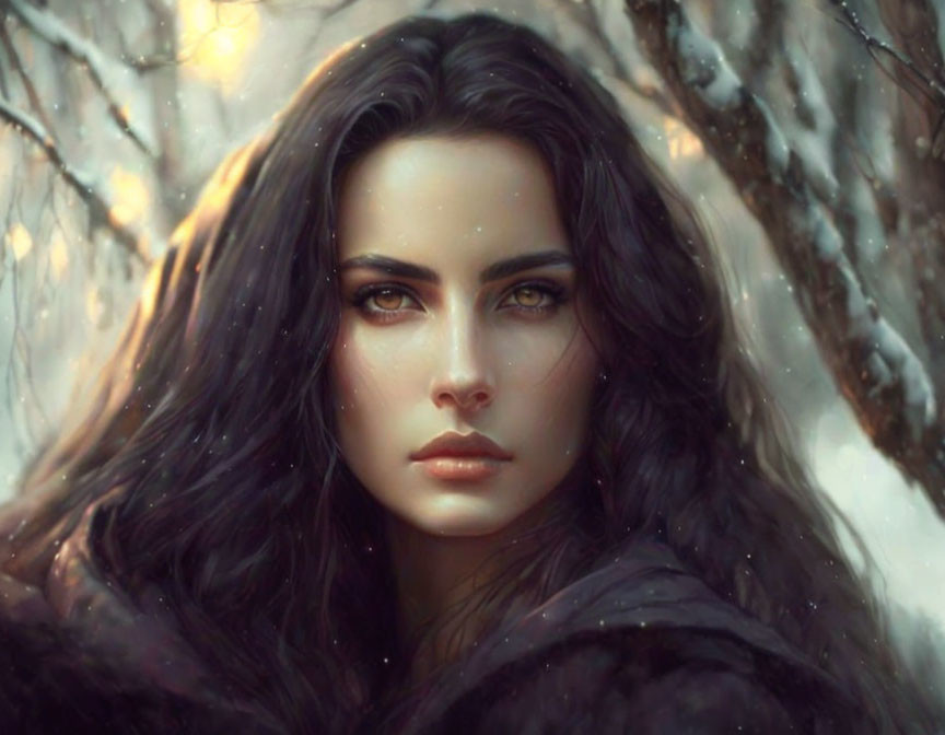 Portrait of Woman with Dark Hair and Green Eyes in Snowy Winter Setting