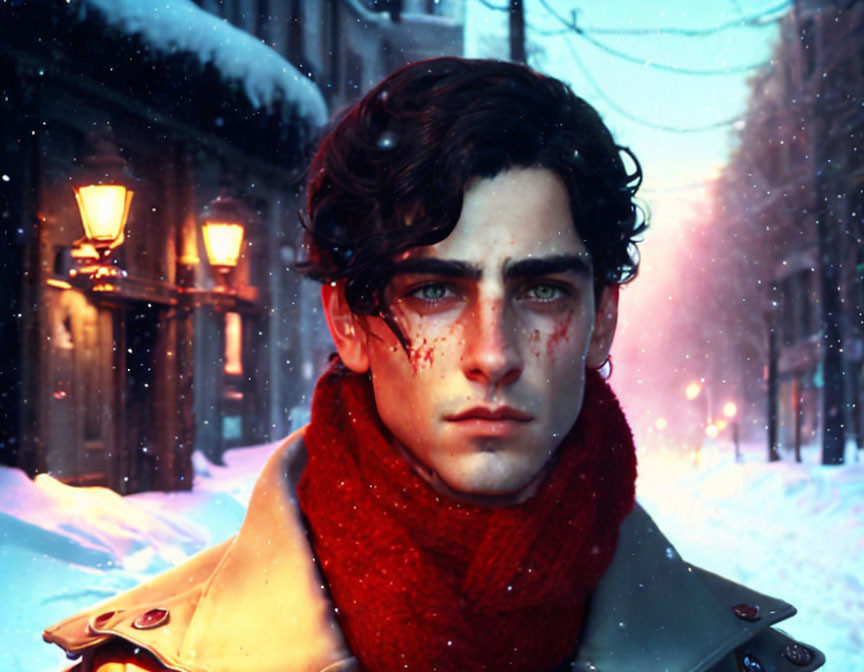 Digital artwork of young man in red scarf & yellow coat in wintry scene