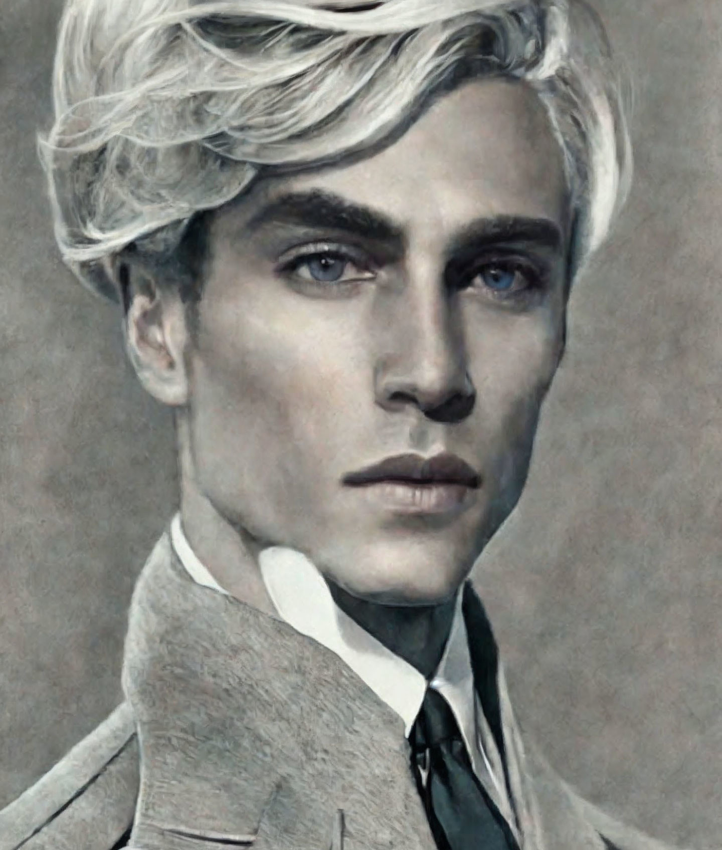 Young man with prominent cheekbones and wavy blond hair in monochromatic portrait